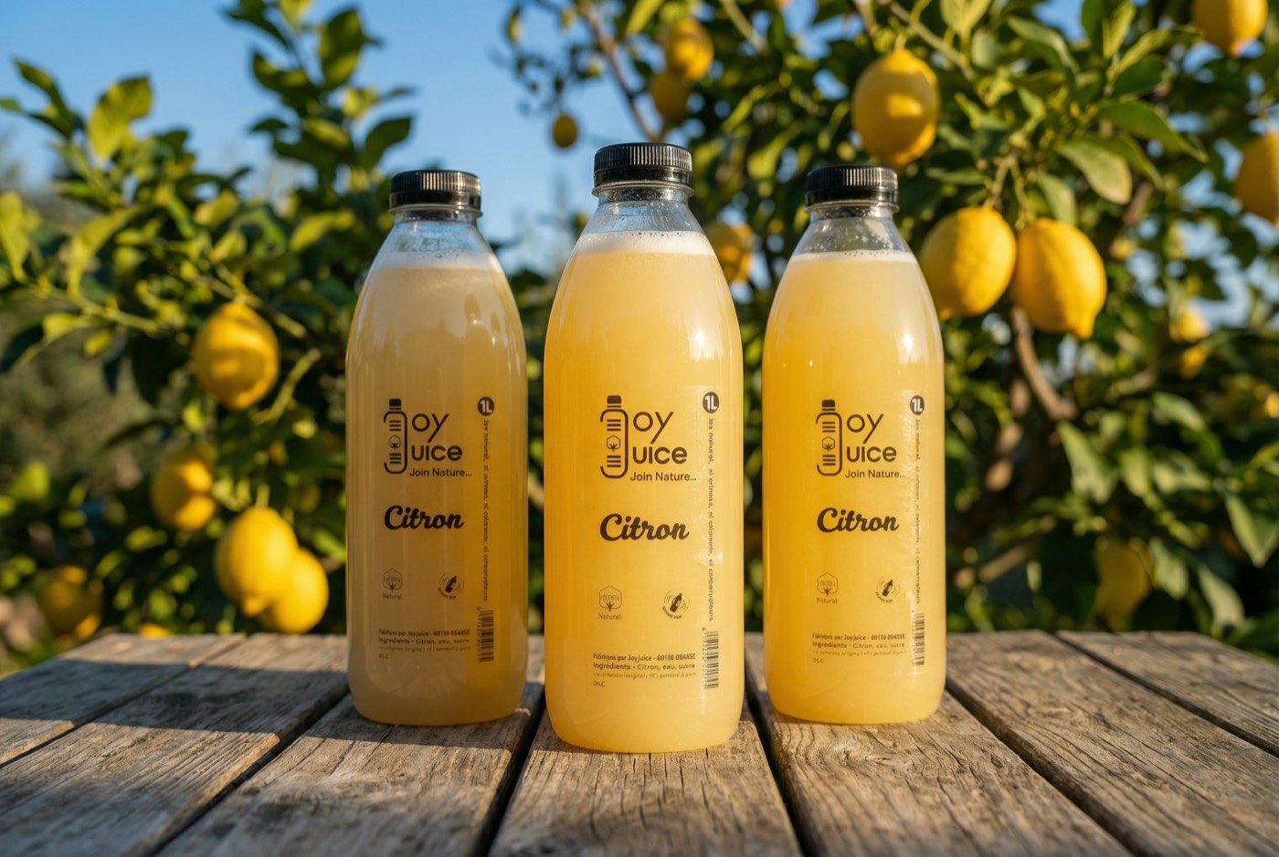 Bouteilles de jus de citron Joy Juice 1L devant un citronnier, dans les Alpes-Maritimes